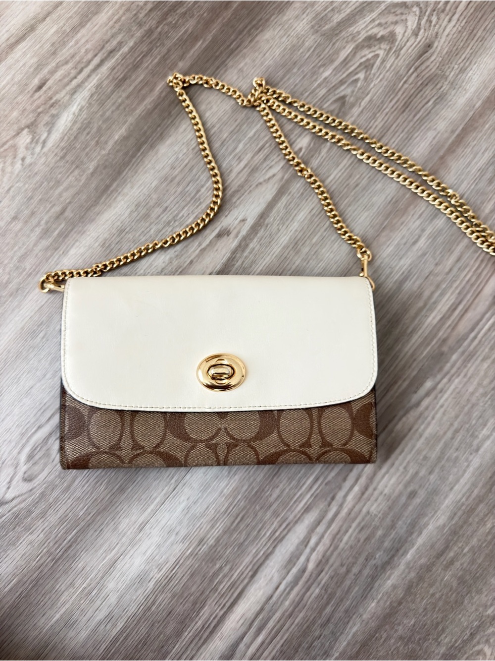 Coach Two-Tone Signature Crossbody in Brown and Cream with Gold Chain